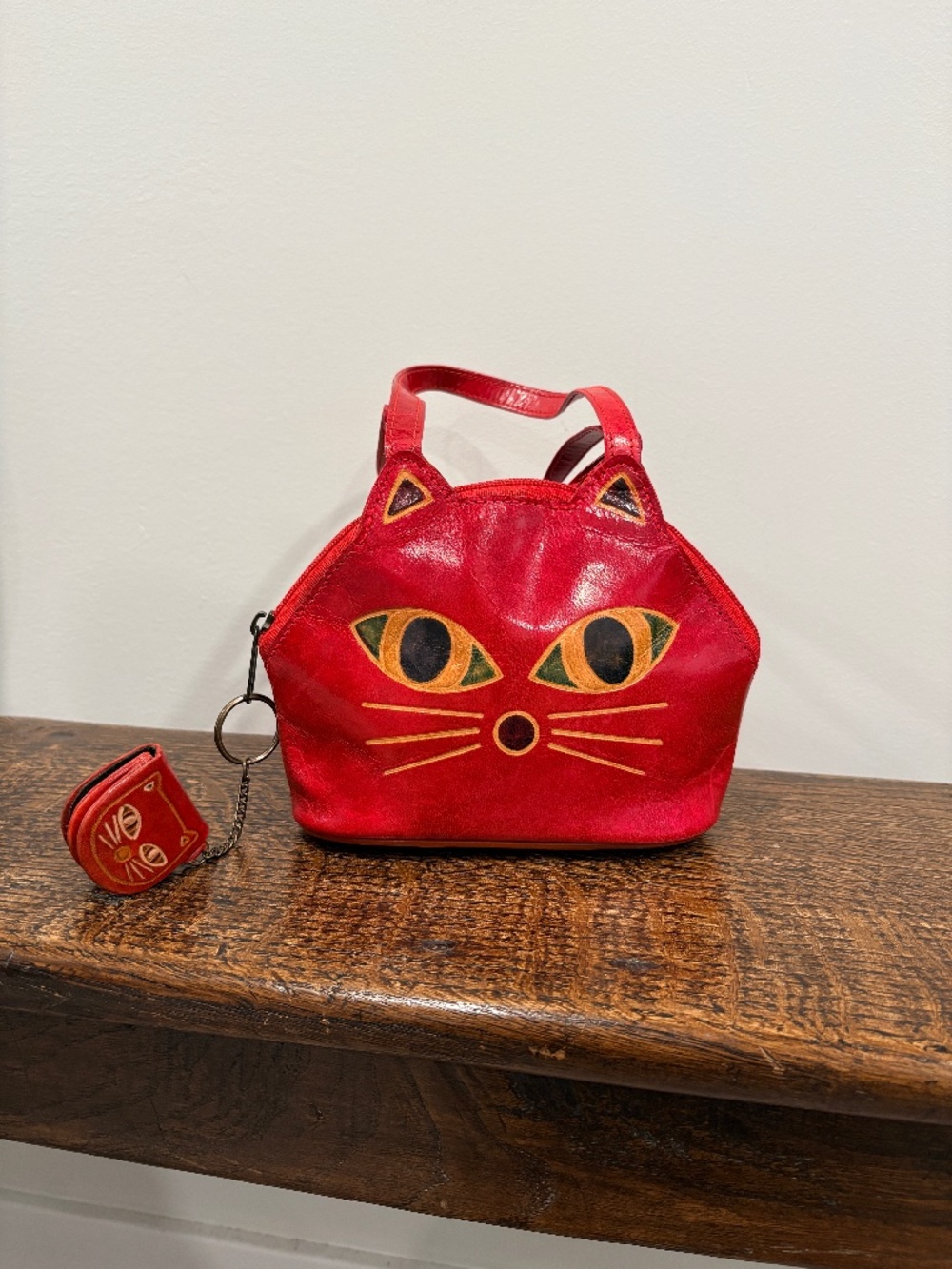 Vintage Shantiniketan Hand Tooled Red Leather Cat Face Small Satchel & Charm
